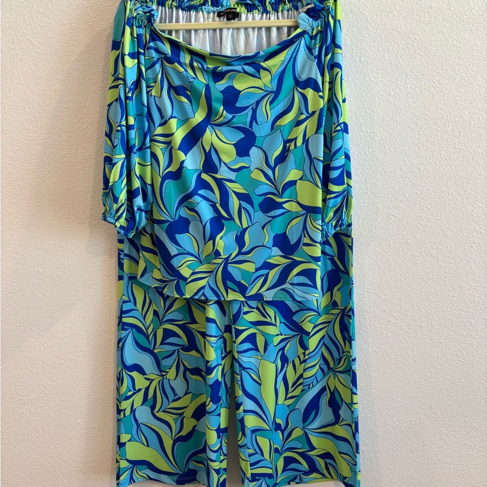Boston Proper Blue and Lime Leaf-Print Two-Piece Set